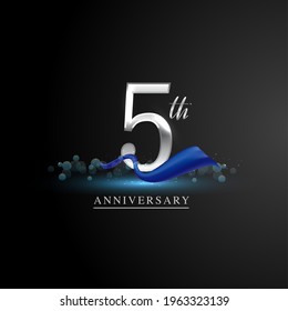 5th silver anniversary logo with blue ribbon isolated on elegant background, sparkle, vector design for greeting card and invitation card.