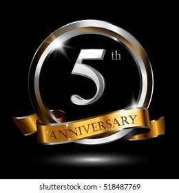 5th silver and gold anniversary logo, vector celebration design with ring and ribbon.