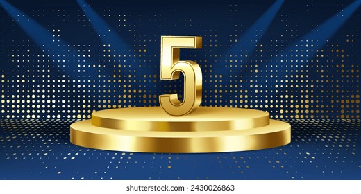 5th Year anniversary celebration background. Golden 3D numbers on a golden round podium, with lights in background.