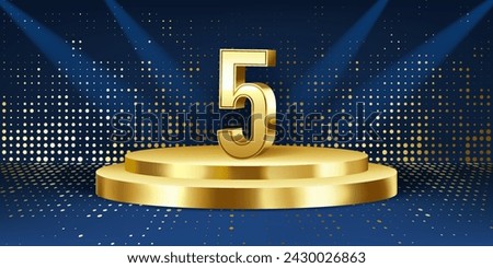5th Year anniversary celebration background. Golden 3D numbers on a golden round podium, with lights in background.