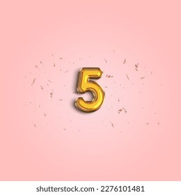 5th year Anniversary celebration design template. Number 5 flying foil balloon and confetti. Template for    Birthday, celebration or wedding event. 