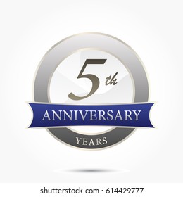 5th year anniversary logo vector isolated in silver circle frame with blue ribbon and shadow effect
