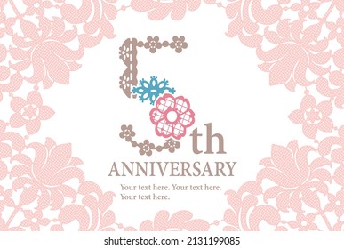 5th year anniversary template with elegant laces. Font of floral laces. Vector illustration.