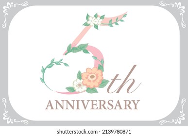 5th year anniversary template. Flolal font. Vector illustration.