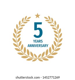 5th Years Anniversary Badge Design With A Laurel Wreath. Five Years Birthday Logo Emblem. 