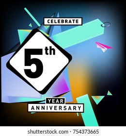 5th years anniversary card with colorful background. Five years birthday logo on geometric colorful background.