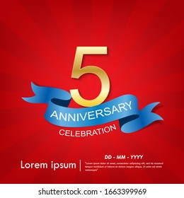 5th years anniversary celebration emblem. anniversary elegance golden logo with blue ribbon on red background, vector illustration template design for web, flyers, greeting card & invitation card