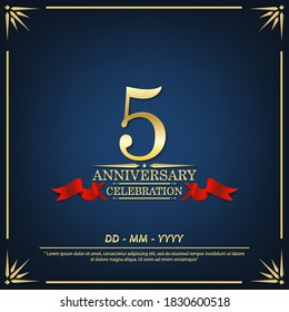 5th years anniversary celebration emblem. anniversary elegance golden logo with red ribbon on dark blue background, vector illustration template design for celebration greeting and invitation card