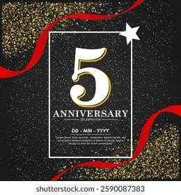 5th years anniversary celebration emblem. elegant anniversary logo isolated with red ribbon and stars twinkle sparkle. vector illustration template design for web, flyers, poster, invitation card
