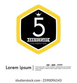5th years anniversary celebration emblem. hexagon anniversary logo with ribbon. medal badge frame on white background. vector illustration template design for web, flyers, poster, greeting card