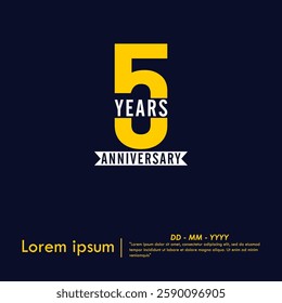 5th years anniversary celebration emblem. anniversary logo isolated with white ribbon on dark blue background. vector illustration template design for web, flyers, poster, greeting card 