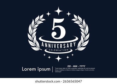 5th years anniversary celebration emblem. congratulations anniversary logo isolated with laurel wreath and stars on Black background. vector illustration template design for web