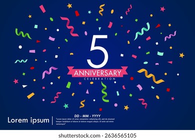 5th years anniversary celebration emblem. congratulations anniversary logo isolated with colorful confetti and stars and ribbons. vector illustration template design