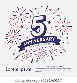 5th years anniversary celebration emblem. anniversary logo isolated with fireworks and stars sparkle and ribbon. vector illustration template design for web, flyers, poster, greeting card
