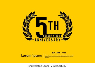 5th years anniversary celebration emblem. anniversary logo isolated with laurel wreath and ribbon on yellow background. vector illustration template design for web, flyers, poster, greeting card