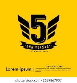 5th years anniversary celebration emblem. congratulations anniversary logo isolated with ribbon and wing on yellow background. vector illustration template design for web, flyers, poster, greeting 
