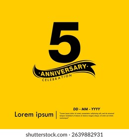 5th years anniversary celebration emblem. black logo isolated with ribbon on yellow background. vector illustration template design for web, flyers, poster, greeting card and invitation card