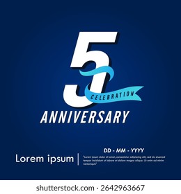 5th years anniversary celebration emblem. elegant anniversary logo isolated with blue ribbon on dark blue background. vector illustration template design for web, flyers, poster, greeting card