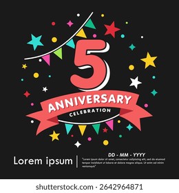 emblème de la célébration du 5e anniversaire. logo d'anniversaire isolé avec des étoiles colorées et un drapeau et un ruban de bruant. template d'illustration vectorielle design pour web, flyers, poster, carte d'invitation