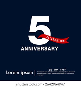 5th years anniversary celebration emblem. elegant anniversary logo isolated with red ribbon on dark blue background. vector illustration template design for web, flyers, poster, invitation card