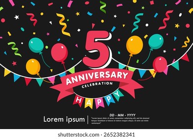 emblème de la célébration du 5e anniversaire. félicitations logo anniversaire isolé avec des confettis colorés, drapeau de bruant, ballons et ruban. conception de template d'illustration vectorielle pour la bannière de web