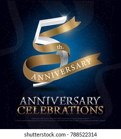 5th years anniversary celebration silver and gold logo with golden ribbon on dark blue background. vector illustrator