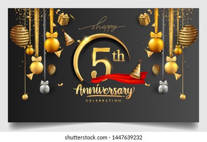 5th years anniversary design for greeting cards and invitation, with balloon, confetti and gift box, elegant design with gold and dark color, design template for birthday celebration.