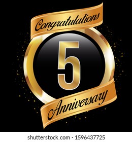 5th Years anniversary gold logo themes  with glowing golden circle and ribbon on dark background