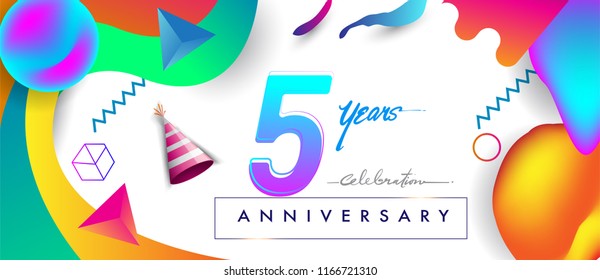 5th years anniversary logo, vector design birthday celebration with colorful geometric background and futuristic elements