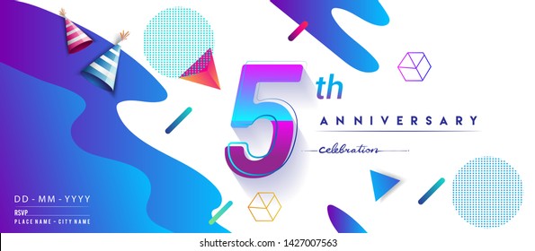 5th years anniversary logo, vector design birthday celebration with colorful geometric background and circles shape.