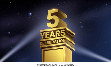 5th Years Celebration, 3D Gold Statue with Spotlights, Luxury Hollywood Light, Vector Illustration