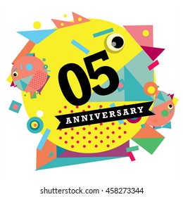 5th years greeting card anniversary with colorful number and frame. logo and icon with circle badge and background