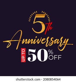 5th-anniversary golden wreath logo and up to 50% off the black background	
