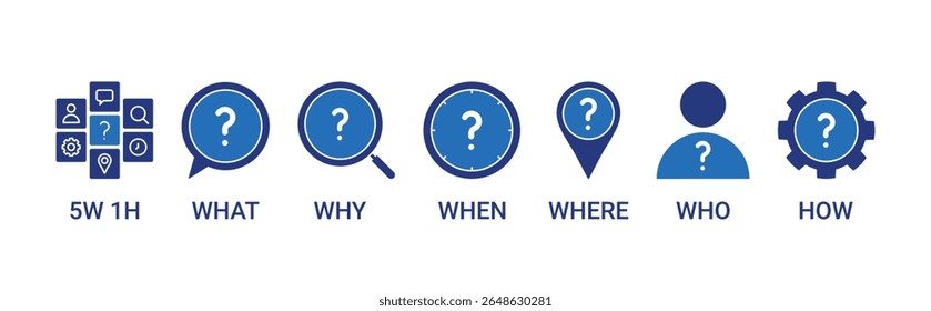 Ícone do método 5W 1H definido com o quê, por que, onde, quando, quem, como ícone