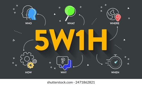 5w1h analysis diagram vector is cause and effect flowcharts, it helps to find effective solutions for problems or for structuring organization, has 6 steps such as who, what, when, where, why and how.