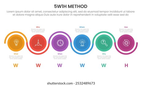 Infografía de análisis 5W1H con un gran ciclo de línea circular hacia arriba y hacia abajo con 6 puntos de paso para el Vector de presentación de diapositivas