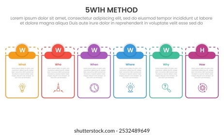 5W1H analysis infographic with big outline table and small circle header top with 6 step points for slide presentation vector
