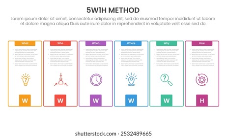 5W1H analysis infographic with creative outline box with square bottom accessories with 6 step points for slide presentation vector