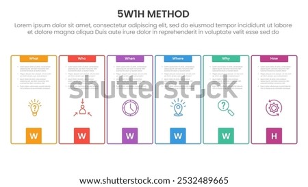 5W1H analysis infographic with creative outline box with square bottom accessories with 6 step points for slide presentation vector
