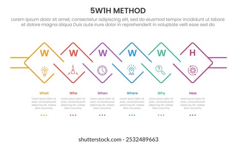 Infografía de análisis 5W1H con contorno cuadrado girado creativo en dirección Horizontal con 6 puntos de paso para el Vector de presentación de diapositivas