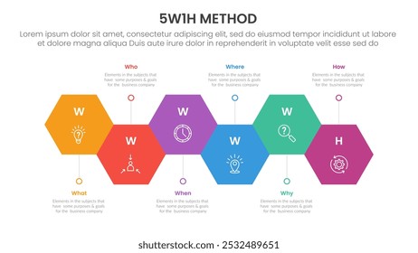 Infográfico de análise de 5W1H com forma hexágono horizontal para cima e para baixo com 6 pontos de etapa para o vetor de apresentação de slide