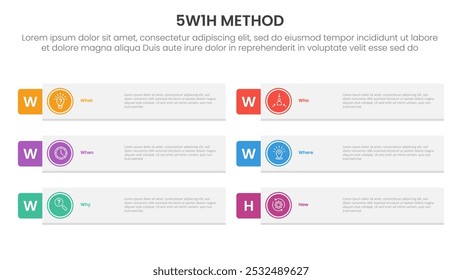 5W1H analysis infographic with long rectangle shape and outline circle with 6 step points for slide presentation vector