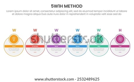 5W1H analysis infographic with outline circle and badge header with 6 step points for slide presentation vector