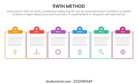 5W1H analysis infographic with outline table and half circle header with 6 step points for slide presentation vector