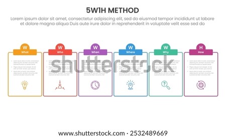 5W1H analysis infographic with outline table and half circle header with 6 step points for slide presentation vector