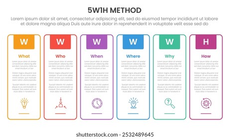5W1H analysis infographic with outline tall box creative header badge with 6 step points for slide presentation vector