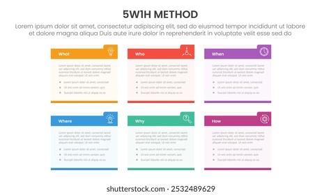 5W1H analysis infographic with small rectangle box table with strong header with 6 step points for slide presentation vector