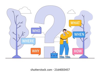 5W1H asking questions to find solution, thinking process or a business study to generate a new idea concepts. Confused businessman on large question mark with who what where when why and how.