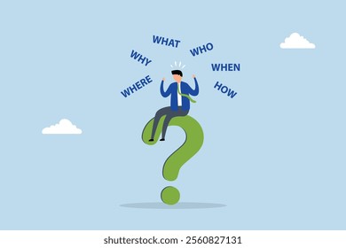 5w1h asking questions for solution to solve problem, composed entrepreneur contemplating a big question mark pondering who, what, where, when, why, and how. 