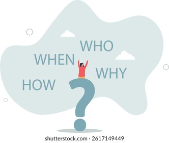 5w1h asking questions for solution to solve problem, thinking process or business analysis to get new idea concept. character life .
